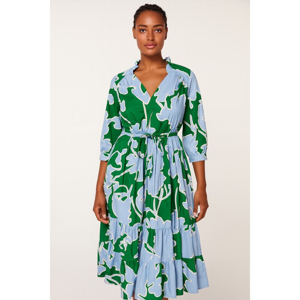 Crosby By Mollie Burch Blue & Green Floral A-Line Belted Midi Dress Sz S